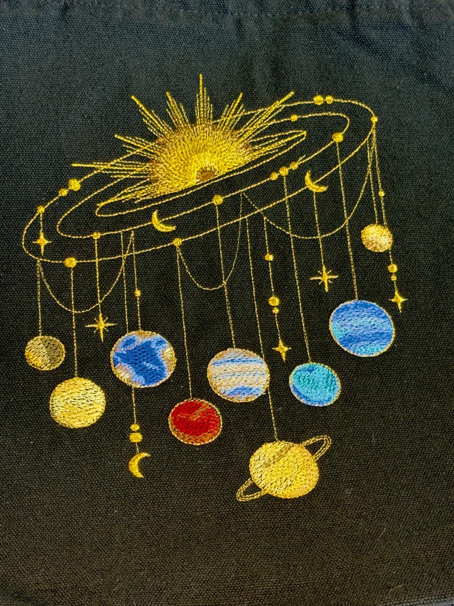 Embroidered Solar System Canvas Tote Bag – Cosmic Planets Zippered Handbag