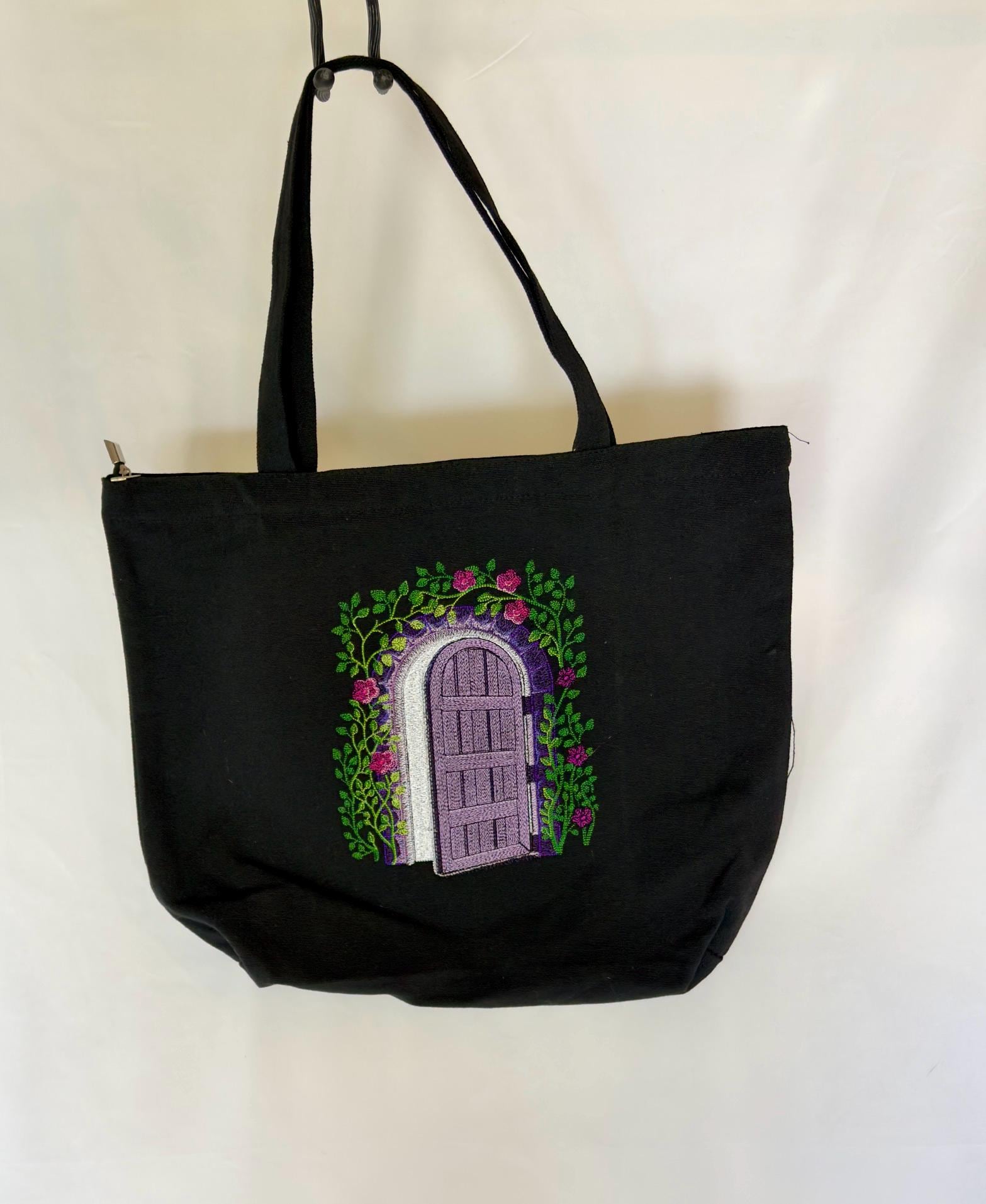 Embroidered Fairy Door Canvas Tote Bag – Cottagecore Fantasy Zippered Bag