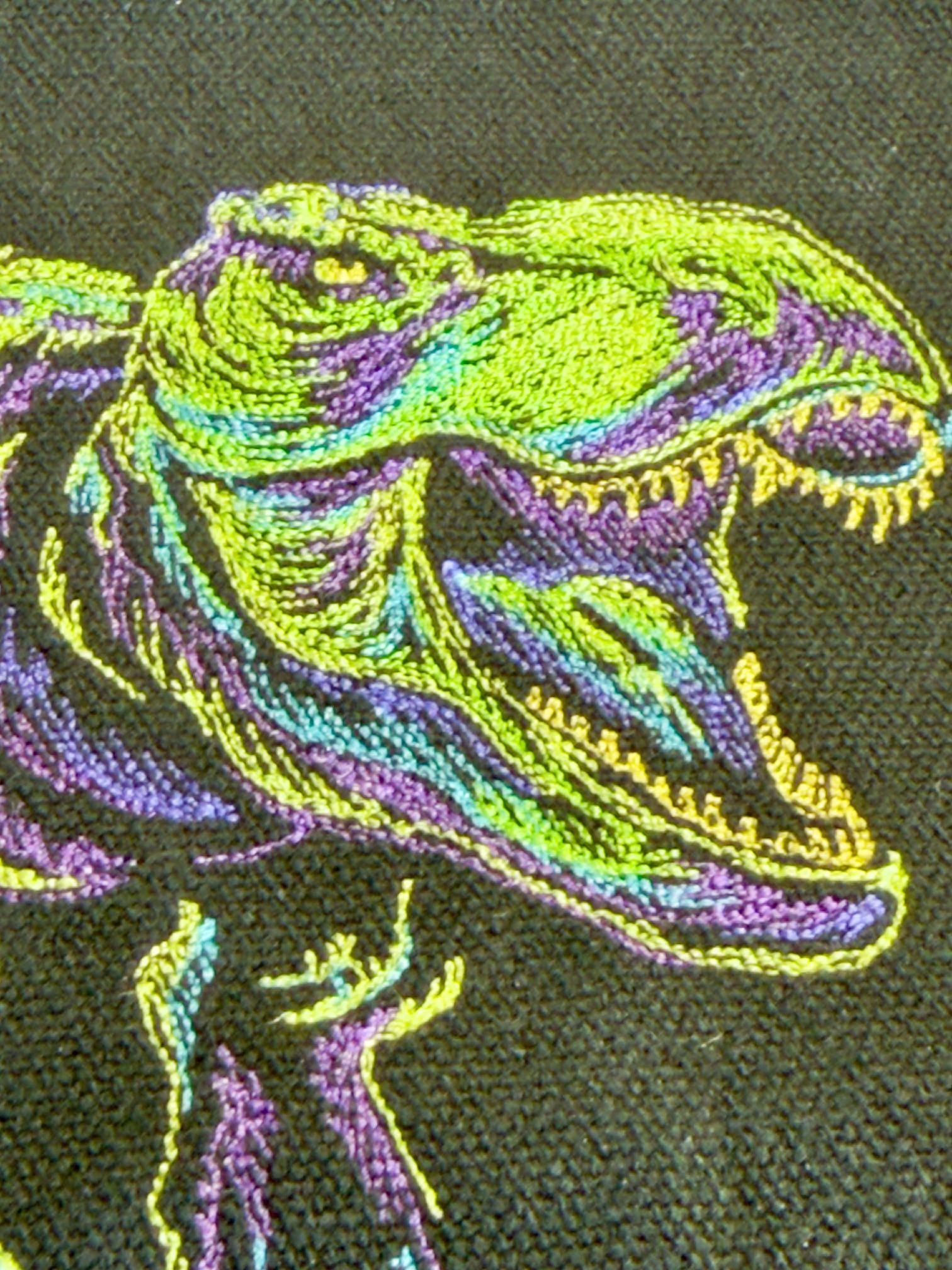 Embroidered T-Rex Canvas Tote Bag – Neon Dinosaur Handbag