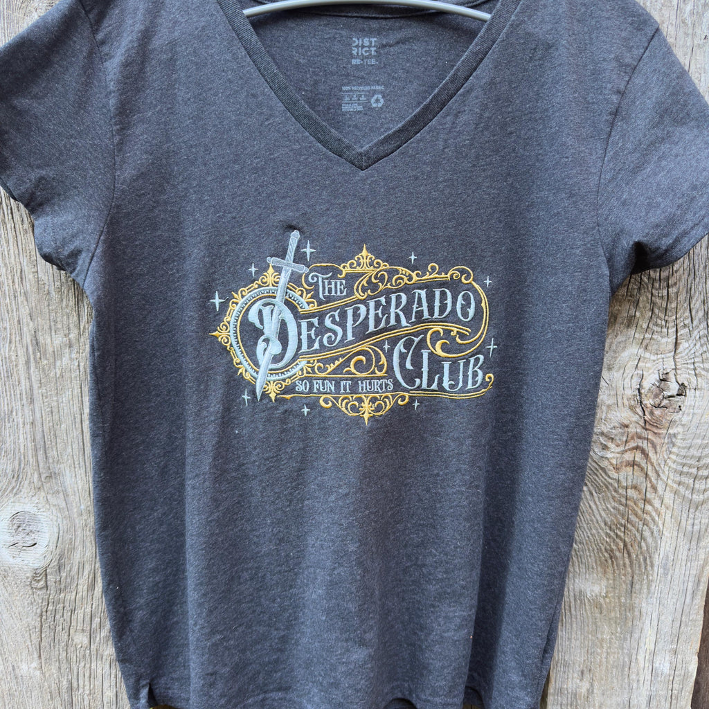 Embroidered Desperado Club V-Neck Shirt, Dark Gray Recycled Fabric, Western Fantasy Tee