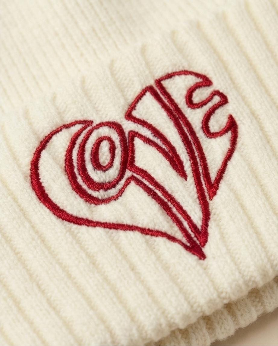 White Knit Beanie – Red Embroidered LOVE Logo
