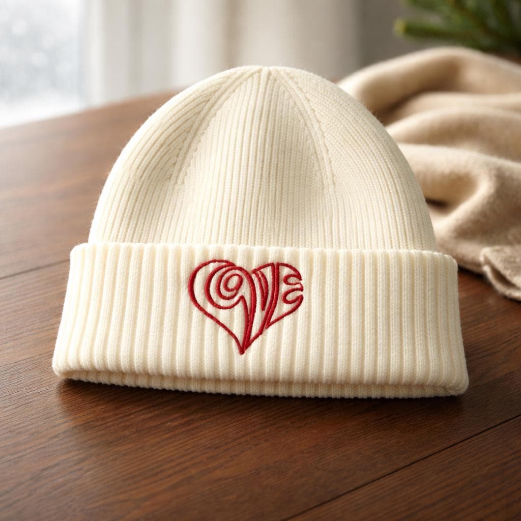 White Knit Beanie – Red Embroidered LOVE Logo