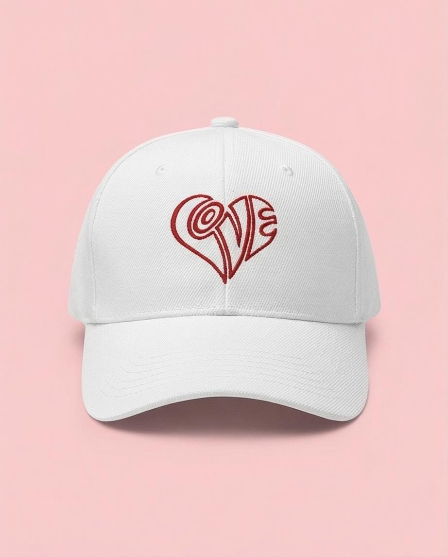 Adjustable Back White Embroidered LOVE Heart Baseball Cap