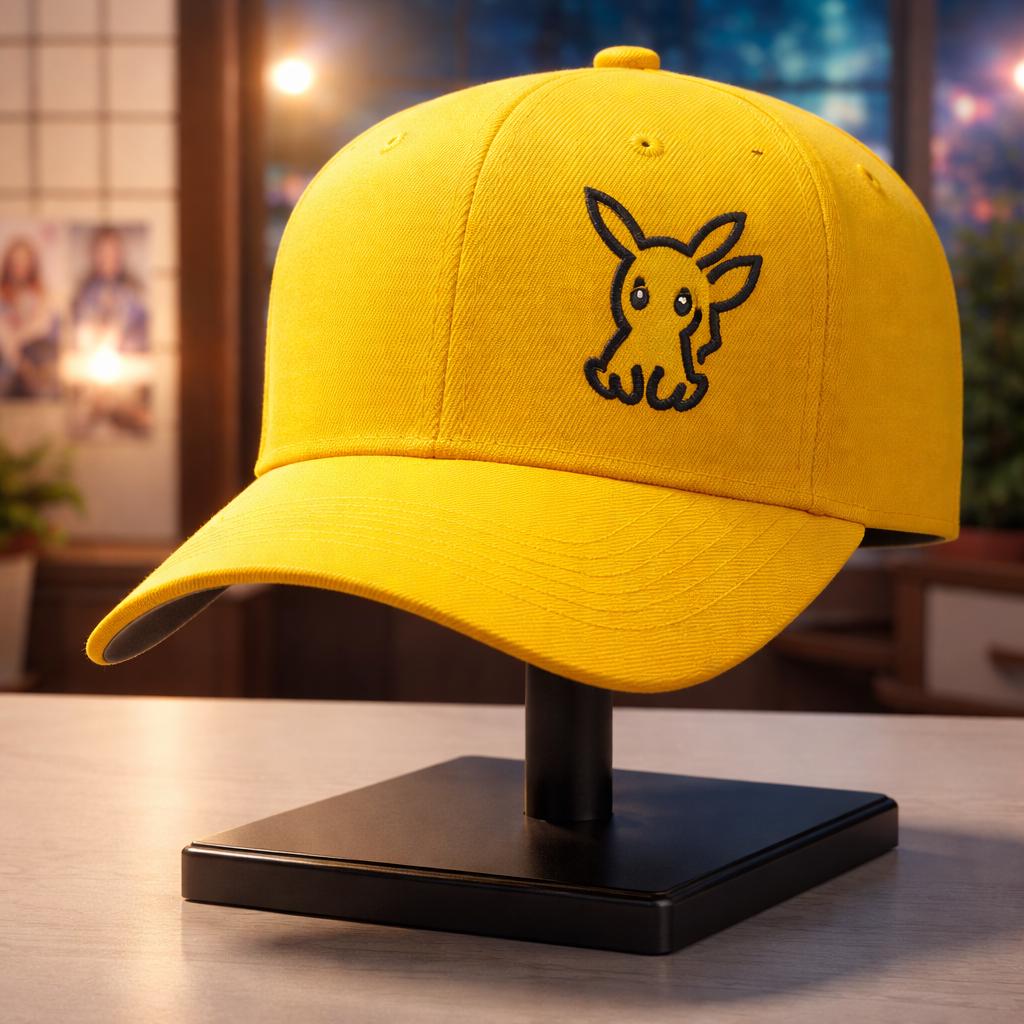 Yellow Character Cap – Embroidered Outline of Pikachu, Anime Inspired, Adjustable Fit