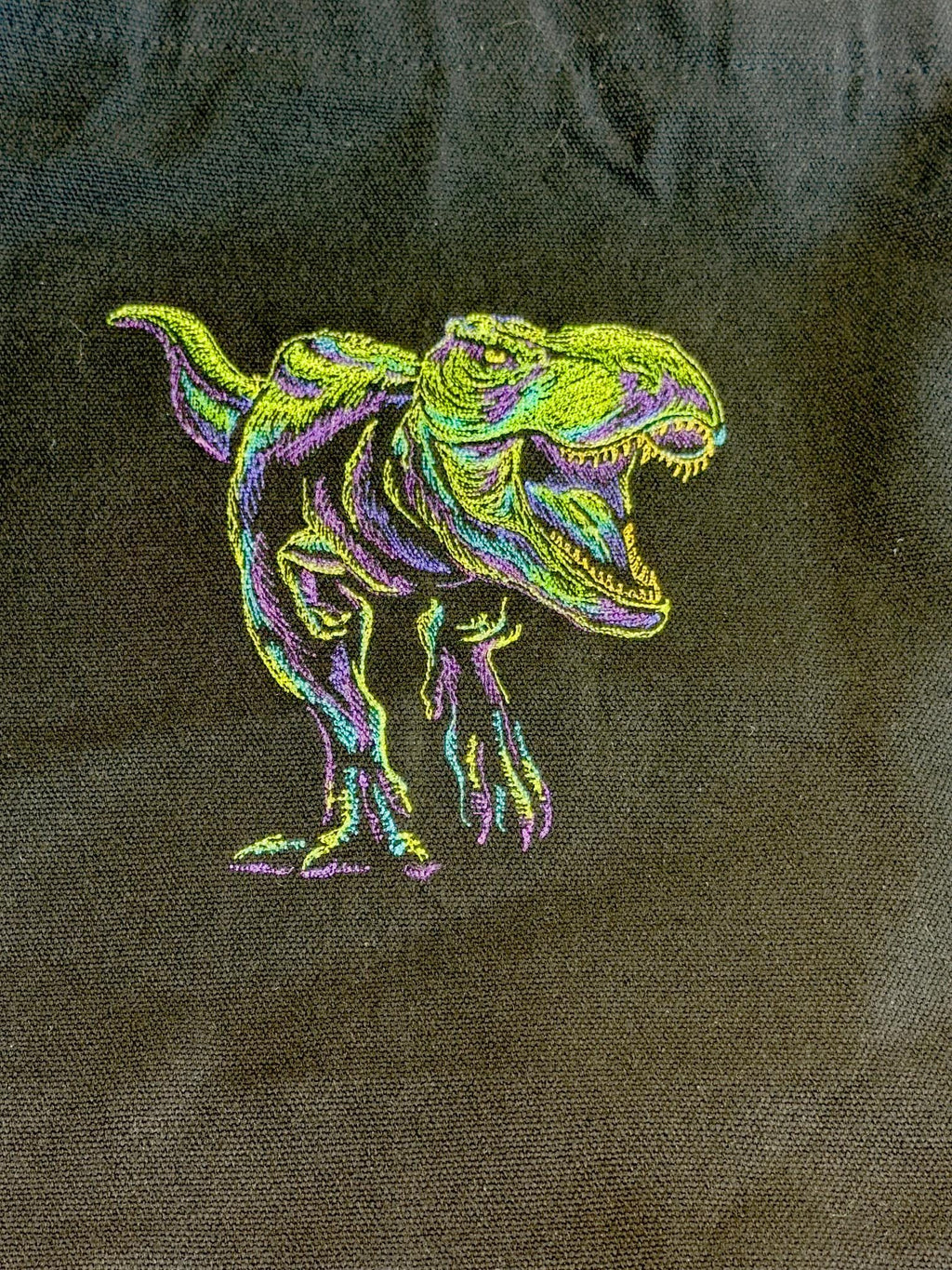 Embroidered T-Rex Canvas Tote Bag – Neon Dinosaur Handbag