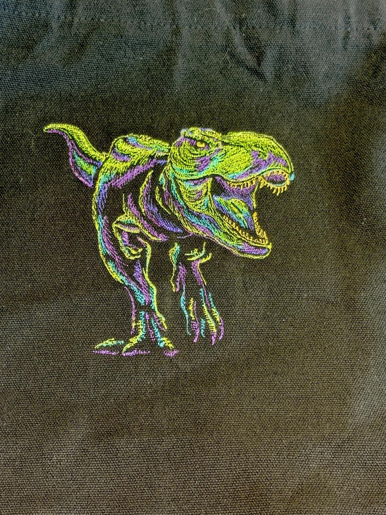 Embroidered T-Rex Canvas Tote Bag – Neon Dinosaur Handbag