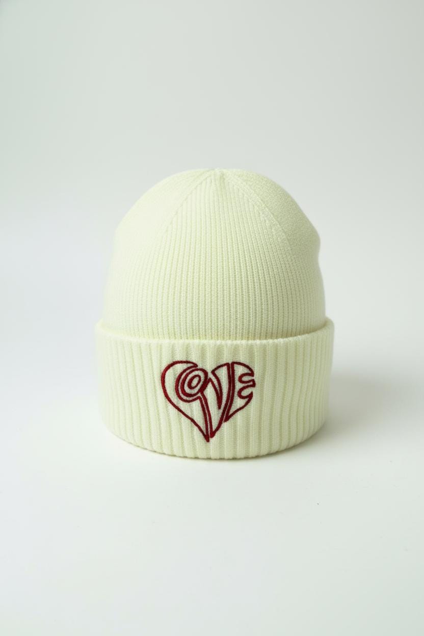 White Knit Beanie – Red Embroidered LOVE Logo