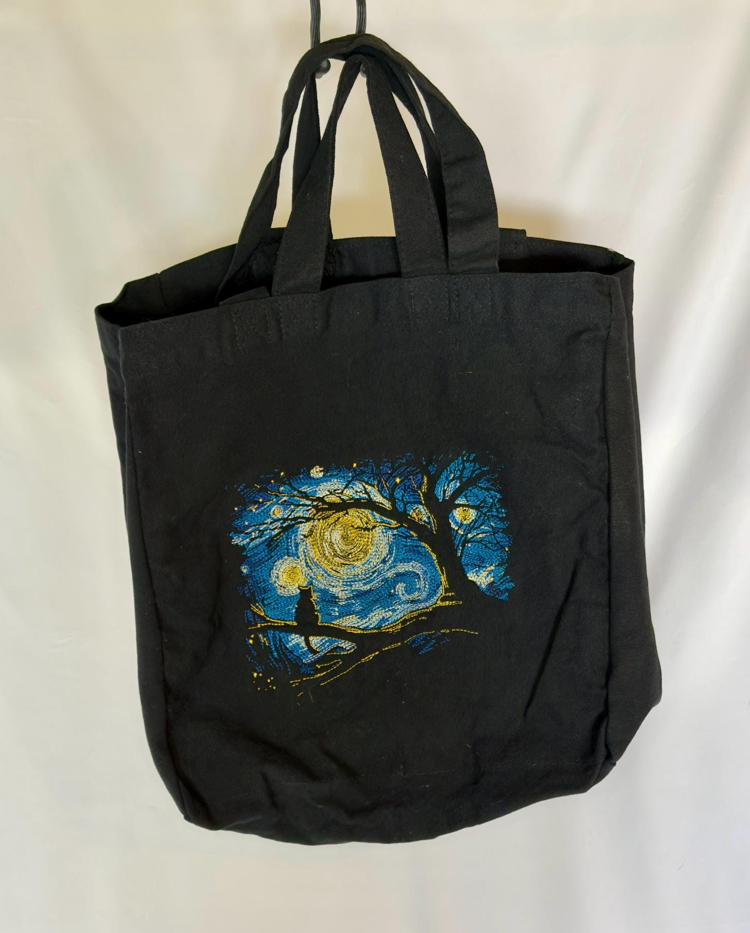 Embroidered XL Canvas Tote Bag – Starry Night Inspired Art Bag