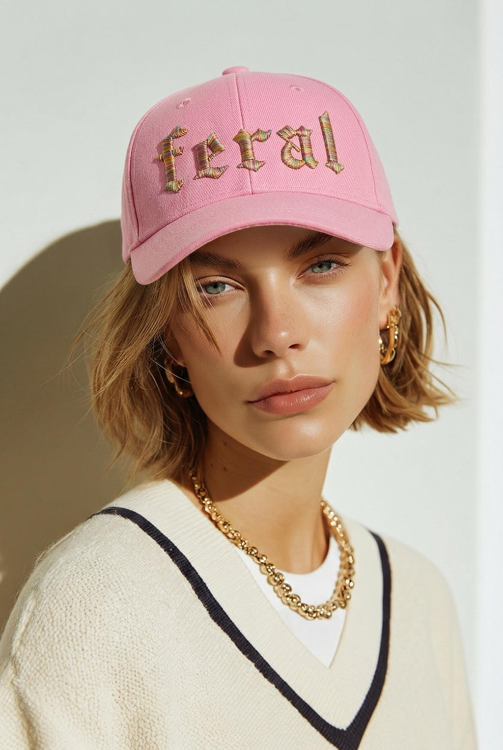 Pink Feral Embroidered Hat – Rainbow Puff Streetwear Cap