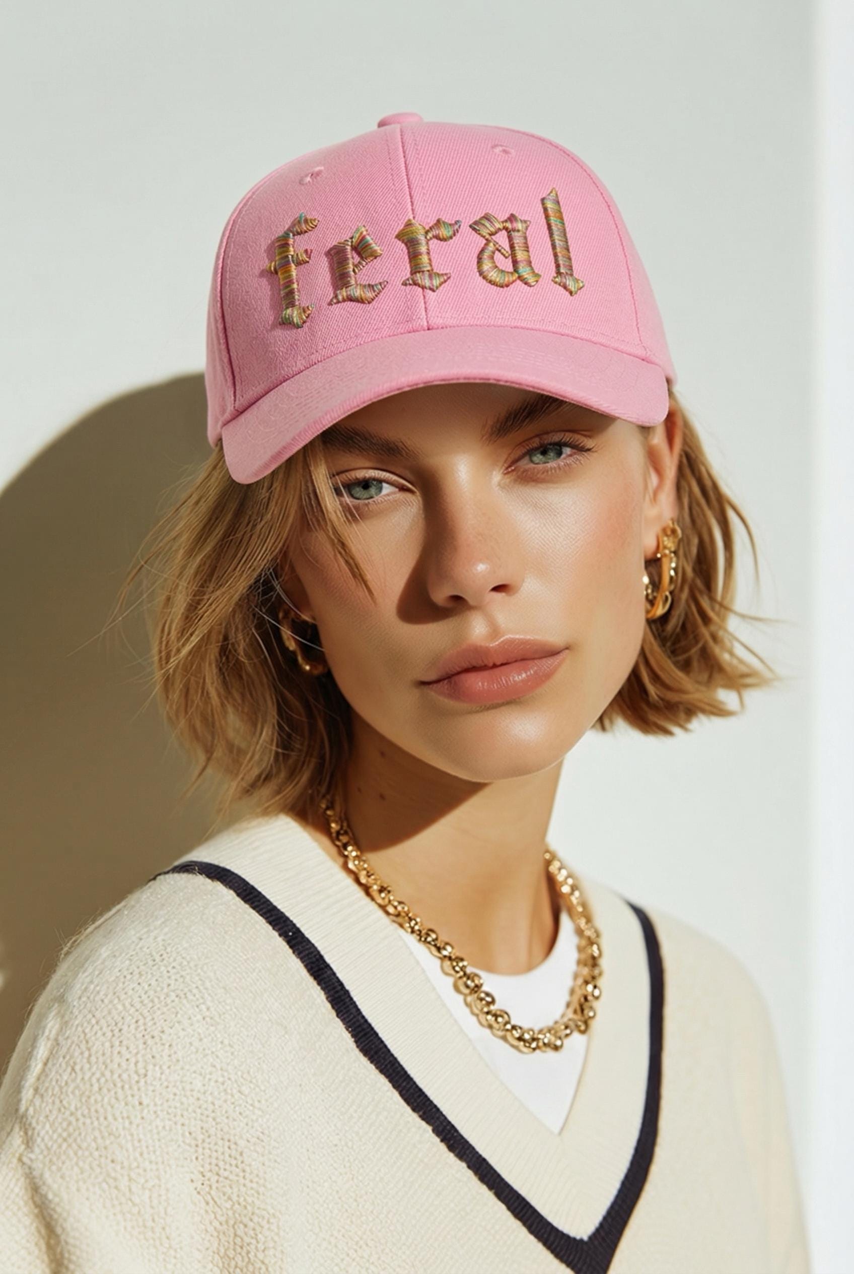 Pink Feral Embroidered Hat – Rainbow Puff Streetwear Cap