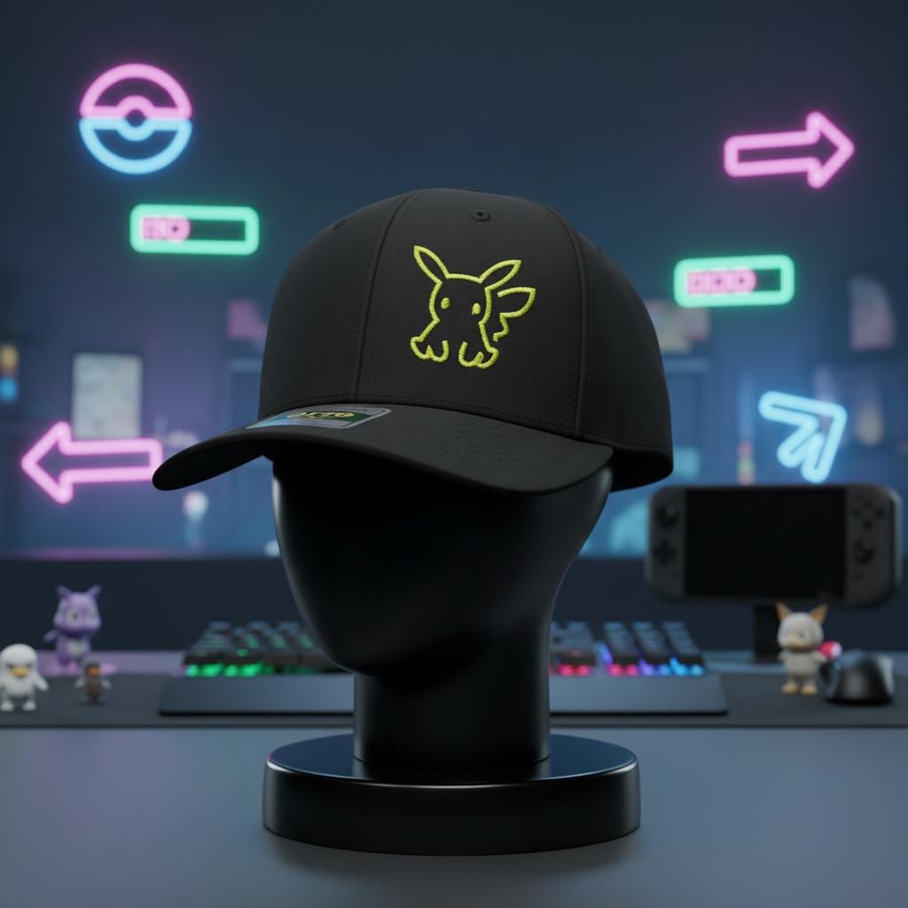 Embroidered Yellow Anime Pikachu-Inspired Cap – Minimalist Outline Hat