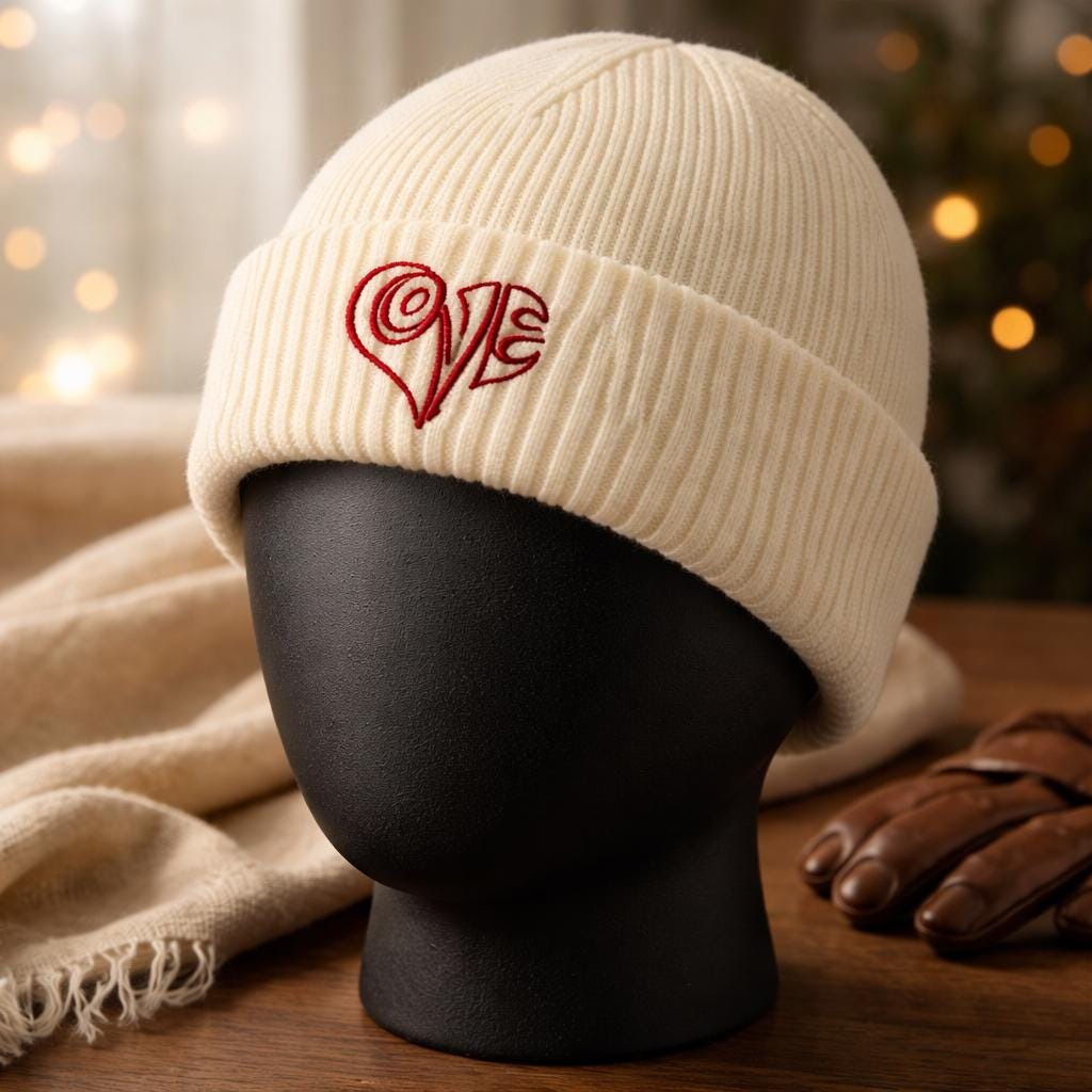 White Knit Beanie – Red Embroidered LOVE Logo