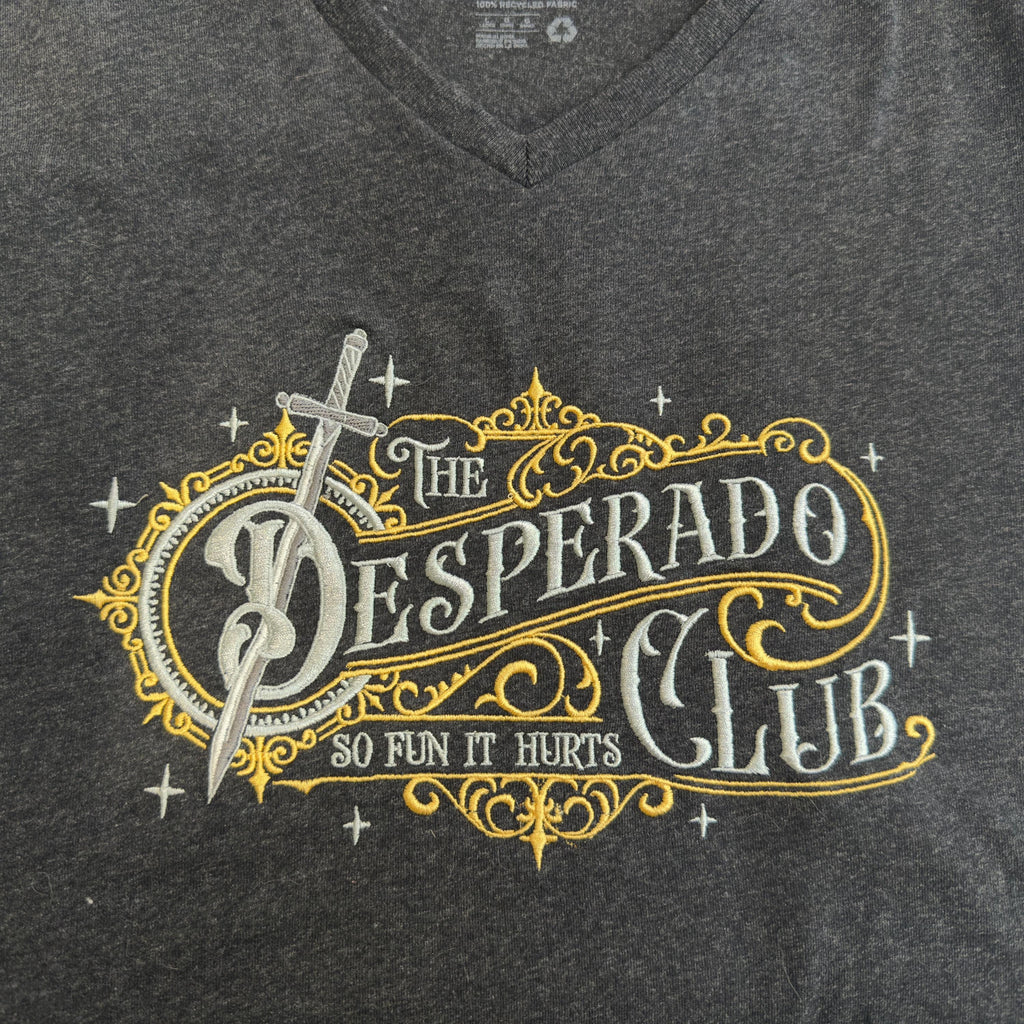 Embroidered Desperado Club V-Neck Shirt, Dark Gray Recycled Fabric, Western Fantasy Tee