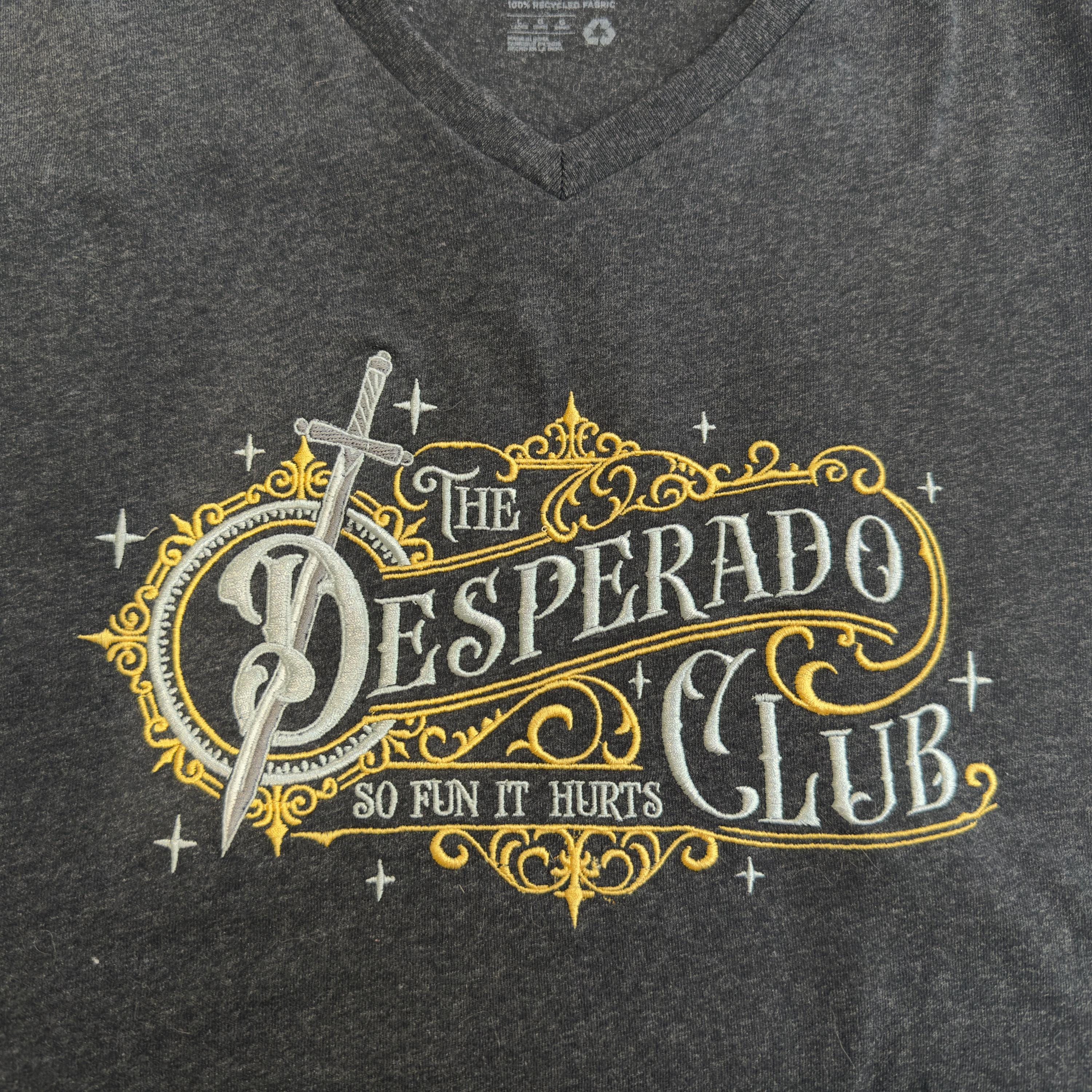 Embroidered Desperado Club V-Neck Shirt, Dark Gray Recycled Fabric, Western Fantasy Tee
