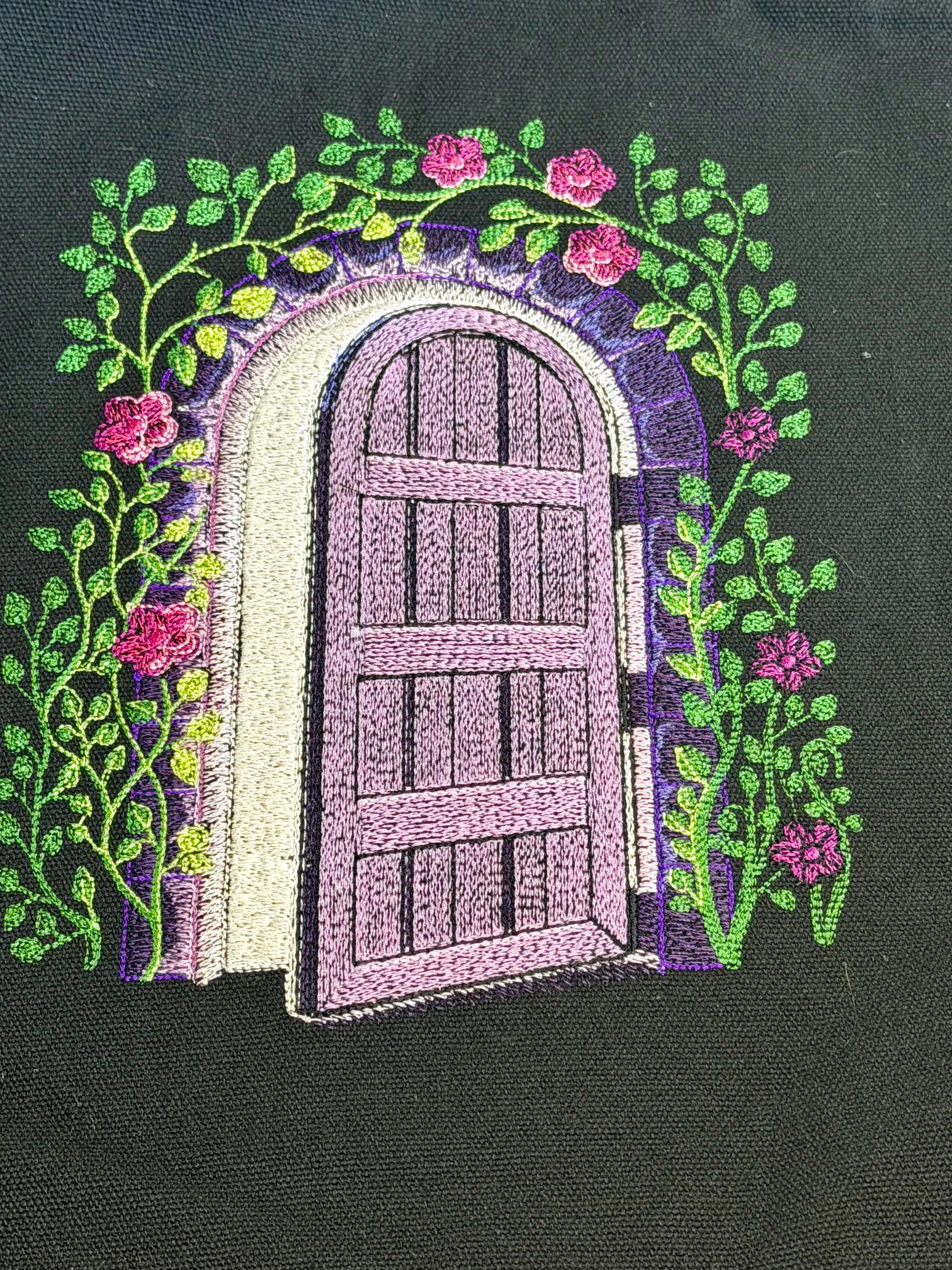 Embroidered Fairy Door Canvas Tote Bag – Cottagecore Fantasy Zippered Bag