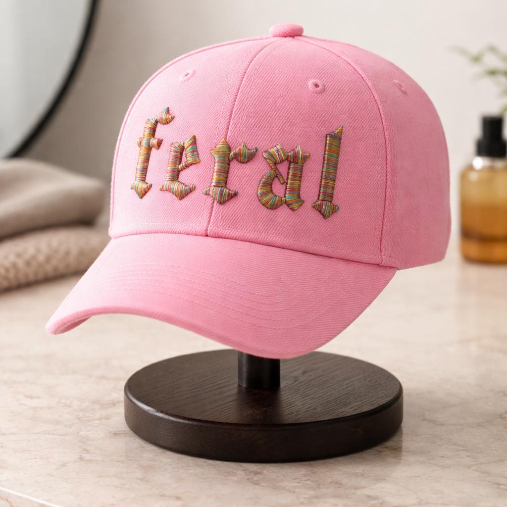 Pink Feral Embroidered Hat – Rainbow Puff Streetwear Cap