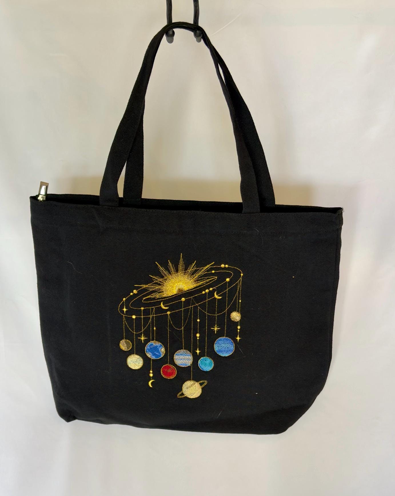 Embroidered Solar System Canvas Tote Bag – Cosmic Planets Zippered Handbag