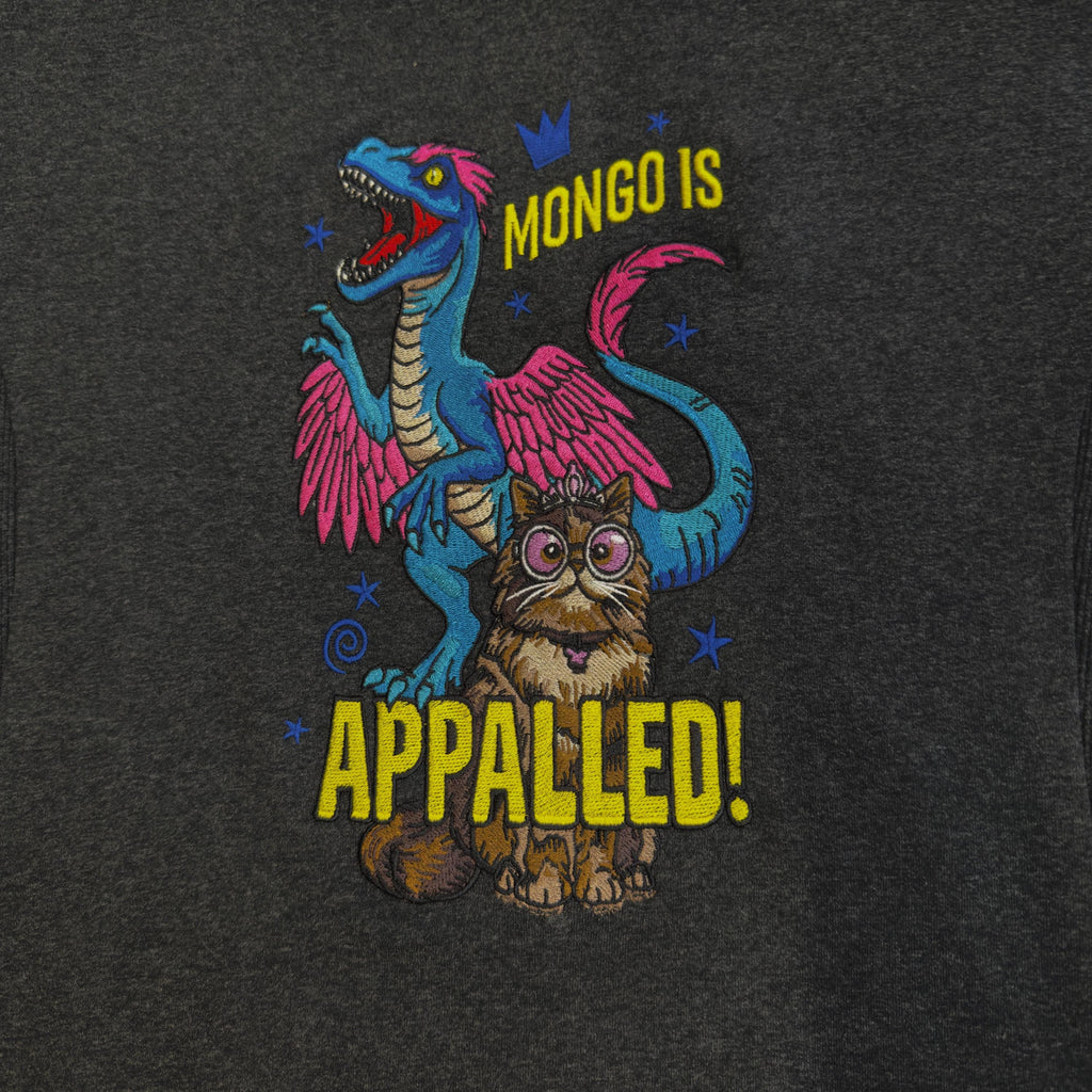 Embroidered Dinosaur Cat Hoodie, Dark Gray Fantasy Creature Sweatshirt, Mongo Is Appalled Embroidery