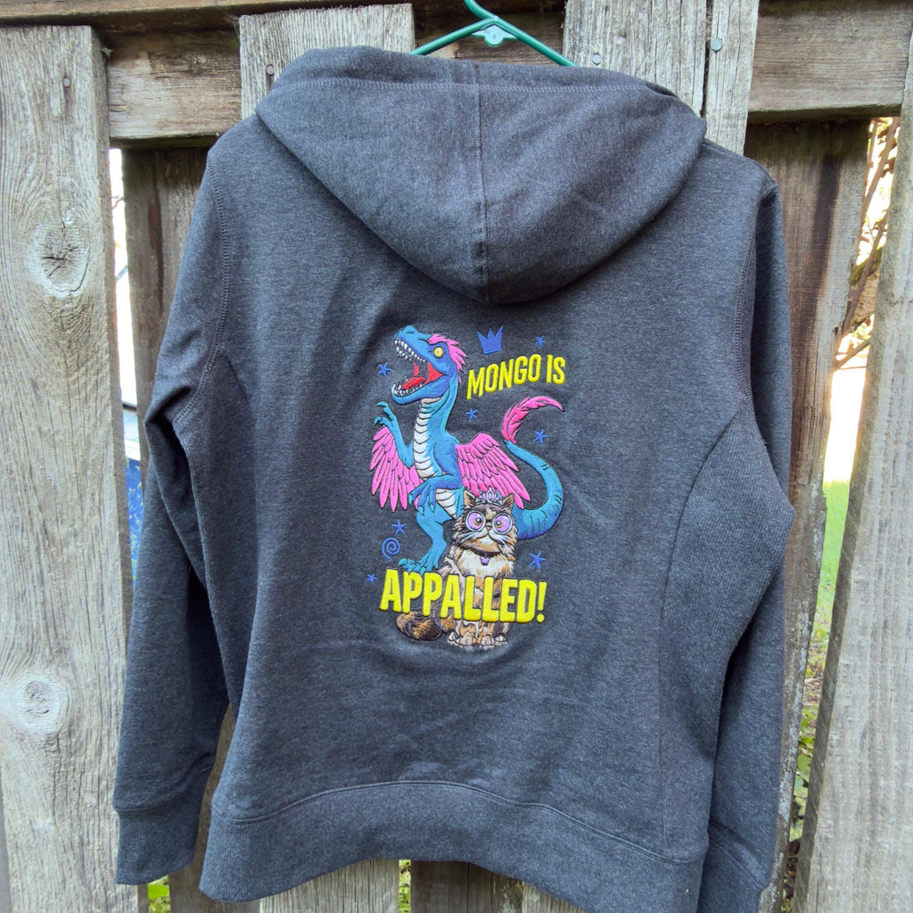 Embroidered Dinosaur Cat Hoodie, Dark Gray Fantasy Creature Sweatshirt, Mongo Is Appalled Embroidery